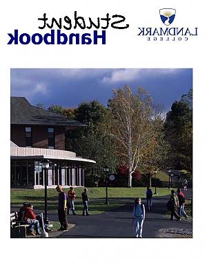 Cover of Landmark College Student Handbook, with images of students in front of dining hall